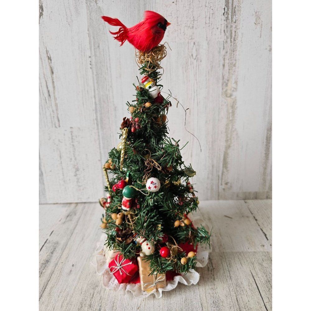 Vintage mini tree Xmas Cardinal candy cane decor‎